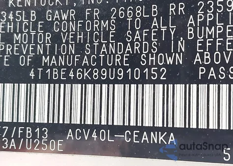 2009 Toyota Camry Le из США, поврежденный, VIN 4T1BE46K89U910152